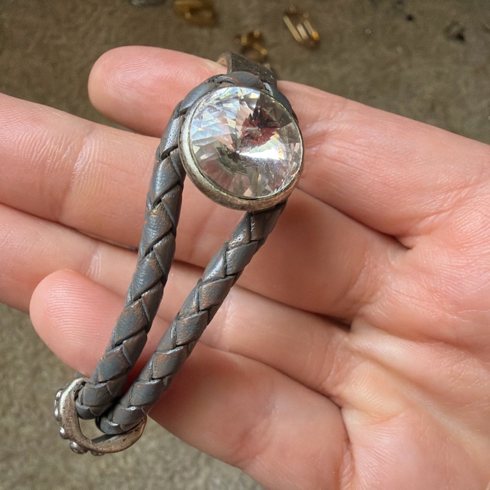 Crystal Accent Braided Leather Bracelet - Gray